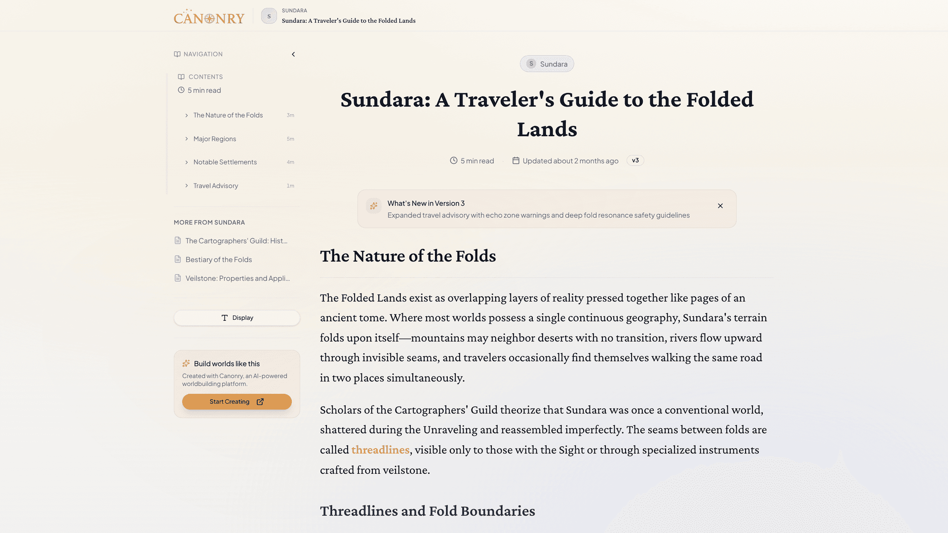 A generated world guide with literary prose — 'Sundara: A Traveler's Guide to the Folded Lands'