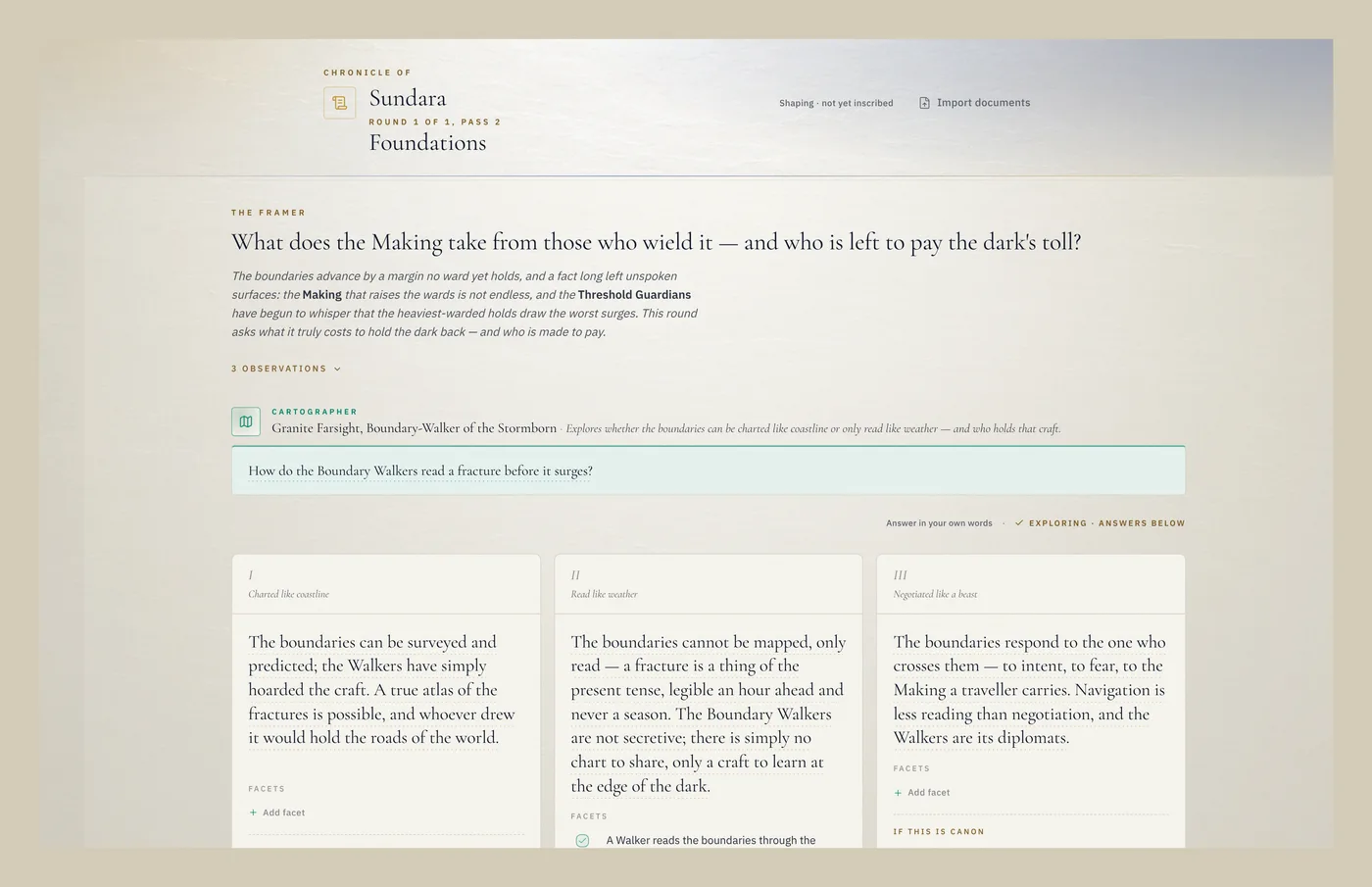The creator's own answer entered verbatim as canon, with the AI's three proposals left dimmed below it.