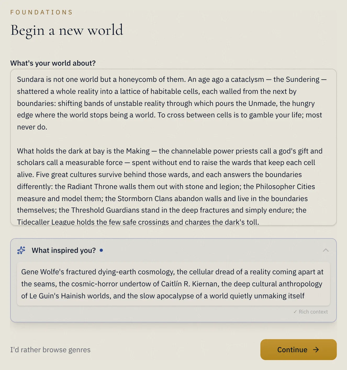 The seed step: a creator describes Sundara in their own words, with the books that inspired it.